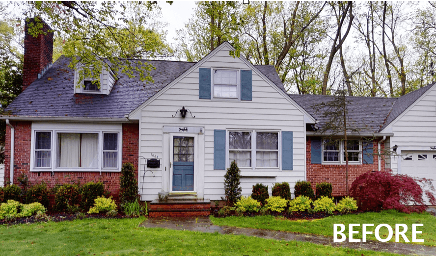 The small home before its full renovation and addition: clapboard and brick with blue shutters, in Westfield, NJ