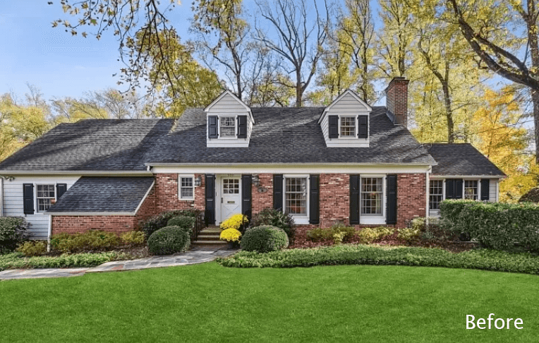 Before photograph of a red brick gambrel-roofed home with white trim and dark shutters behind a clipped front lawn, labeled Before in the corner