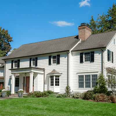 Angle view of Westield NJ exterior home renovation with cedar architectural elements