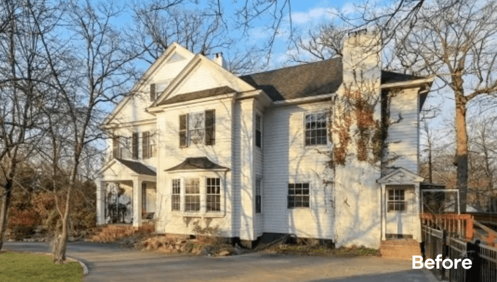 Before photograph of a cream stucco home with a tall chimney and bare trees, labeled Before in the corner